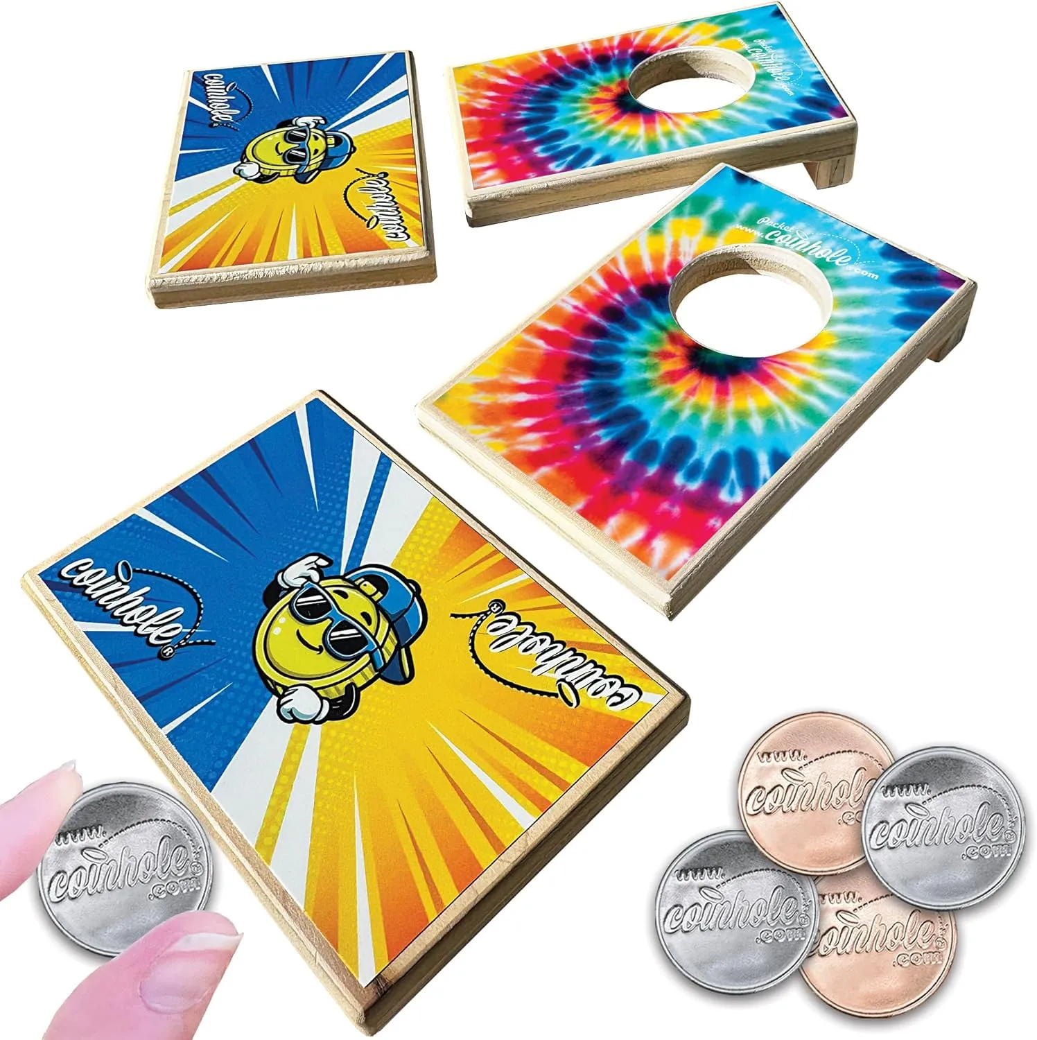 Ultimate Party Pack Tie-Dye Edition | Pocket Mini Game Set Plus 12 Coin Pack with 2 Table-Saver Coasters