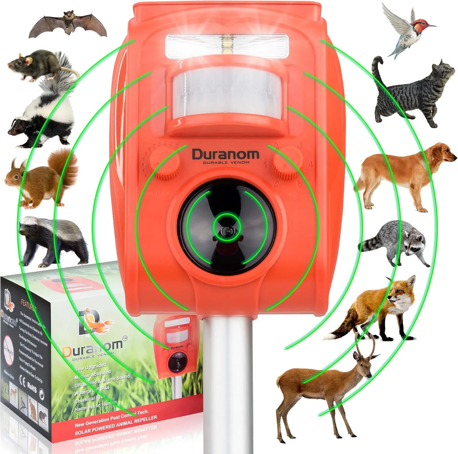 Ultrasonic Animal Deer Cat Repeller Outdoor Solar Powered Motion Sensor Activated with Strobe Flashing Light Rodent Repellent Deterrent for Garden
