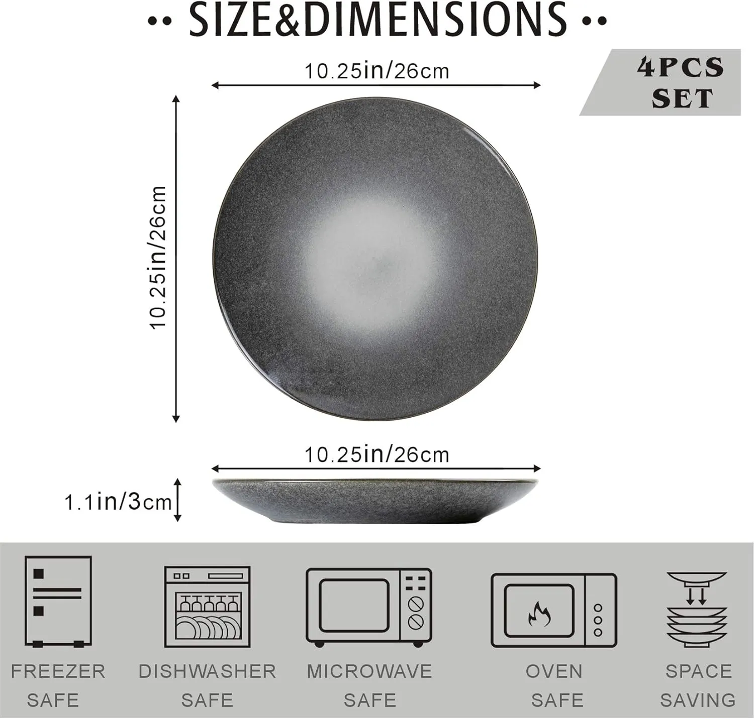 UNICASA Ceramic 10.25 Inch Dinner Plates Set, Porcelain Large Pasta Plate Set of 4, Reactive Glaze Serving Dishes for Steak, Salad, Pizza, Dishwasher & Microwave Safe (Grey)