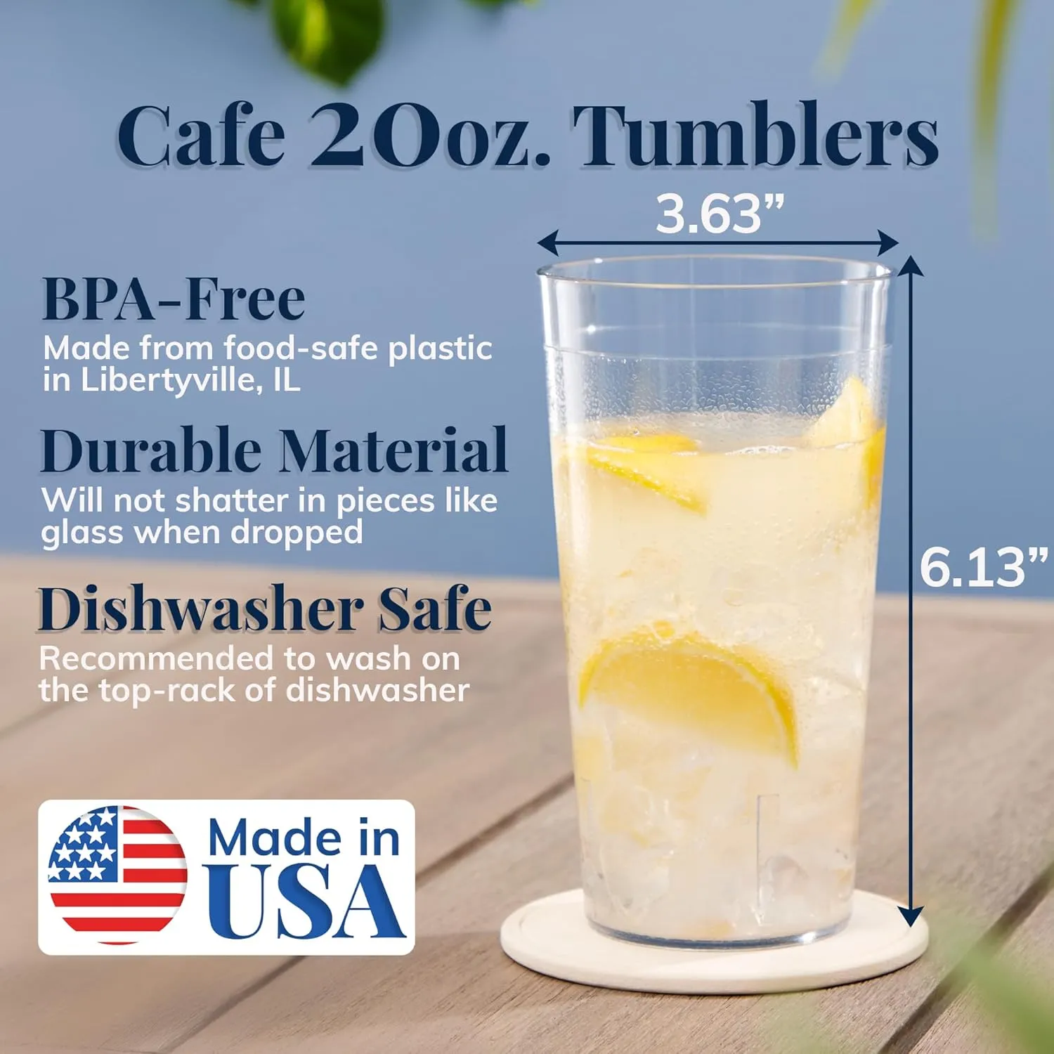 US Acrylic Cafe Plastic Reusable Tumblers (Set of 16) 20-ounce Water Cups in Clear | Value Set of Restaurant Style Drinking Glasses, Stackable, BPA-free, Made in the USA | Top-rack Dishwasher Safe
