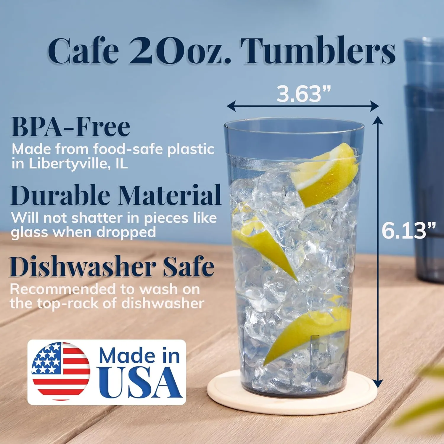 US Acrylic Cafe Plastic Reusable Tumblers (Set of 16) 20-ounce Water Cups in Grey | Value Set of Restaurant Style Drinking Glasses, Stackable, BPA-free, Made in the USA | Top-rack Dishwasher Safe