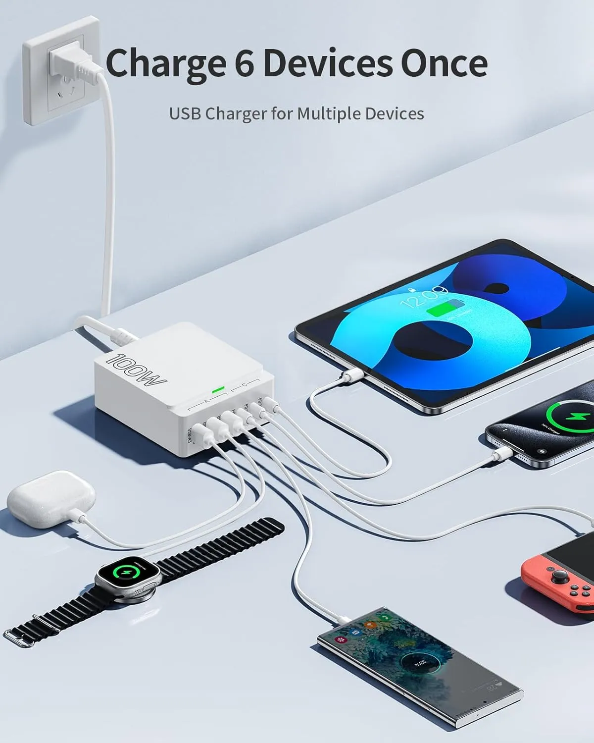 USB C Charger Block Charging Station: 100W 6 Port GaN Fast Charging Brick Hub Cube Box - PD 3.0 Type C & USB A Wall Charger Power Adapter for iPhone 16 Pro Max iPad Samsung Android Pixel