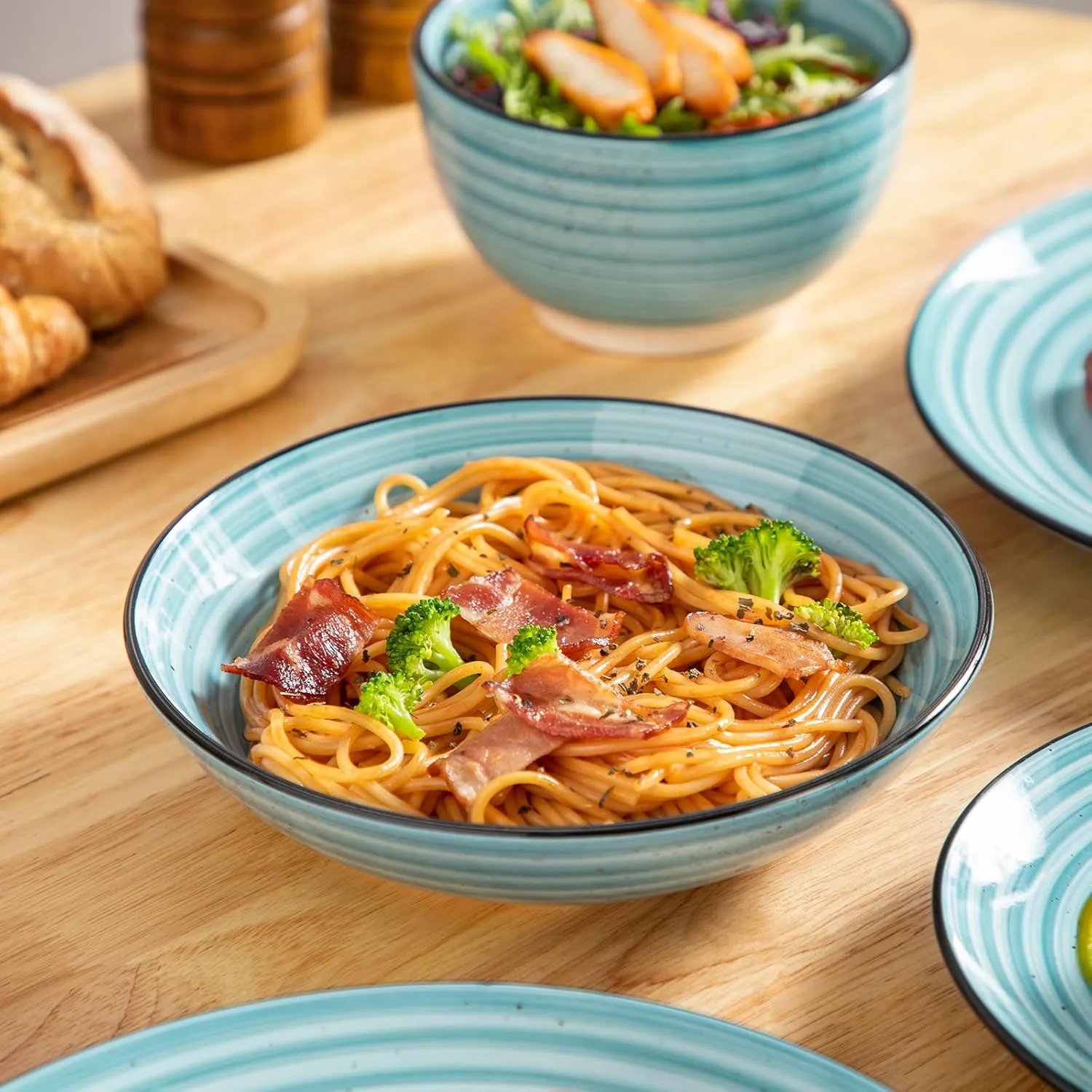 vancasso 24 Pieces Dinnerware Sets Bonbon Blue Dish Set for 6, Plates and Bowls Sets, Double-sided Handpainted Spirals Pattern, Kitchen Dishes Dining Ware Set, Microwave & Dishwasher Safe