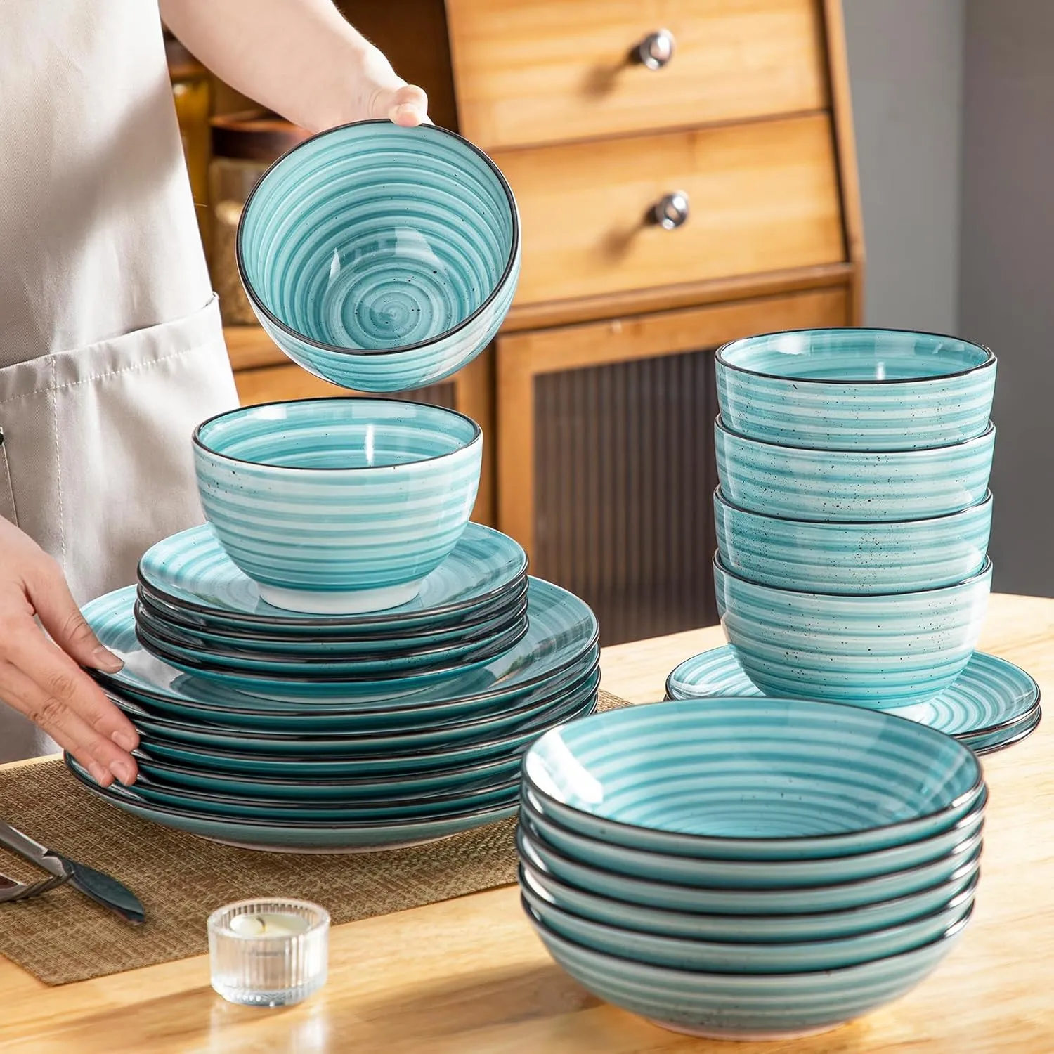 vancasso 24 Pieces Dinnerware Sets Bonbon Blue Dish Set for 6, Plates and Bowls Sets, Double-sided Handpainted Spirals Pattern, Kitchen Dishes Dining Ware Set, Microwave & Dishwasher Safe