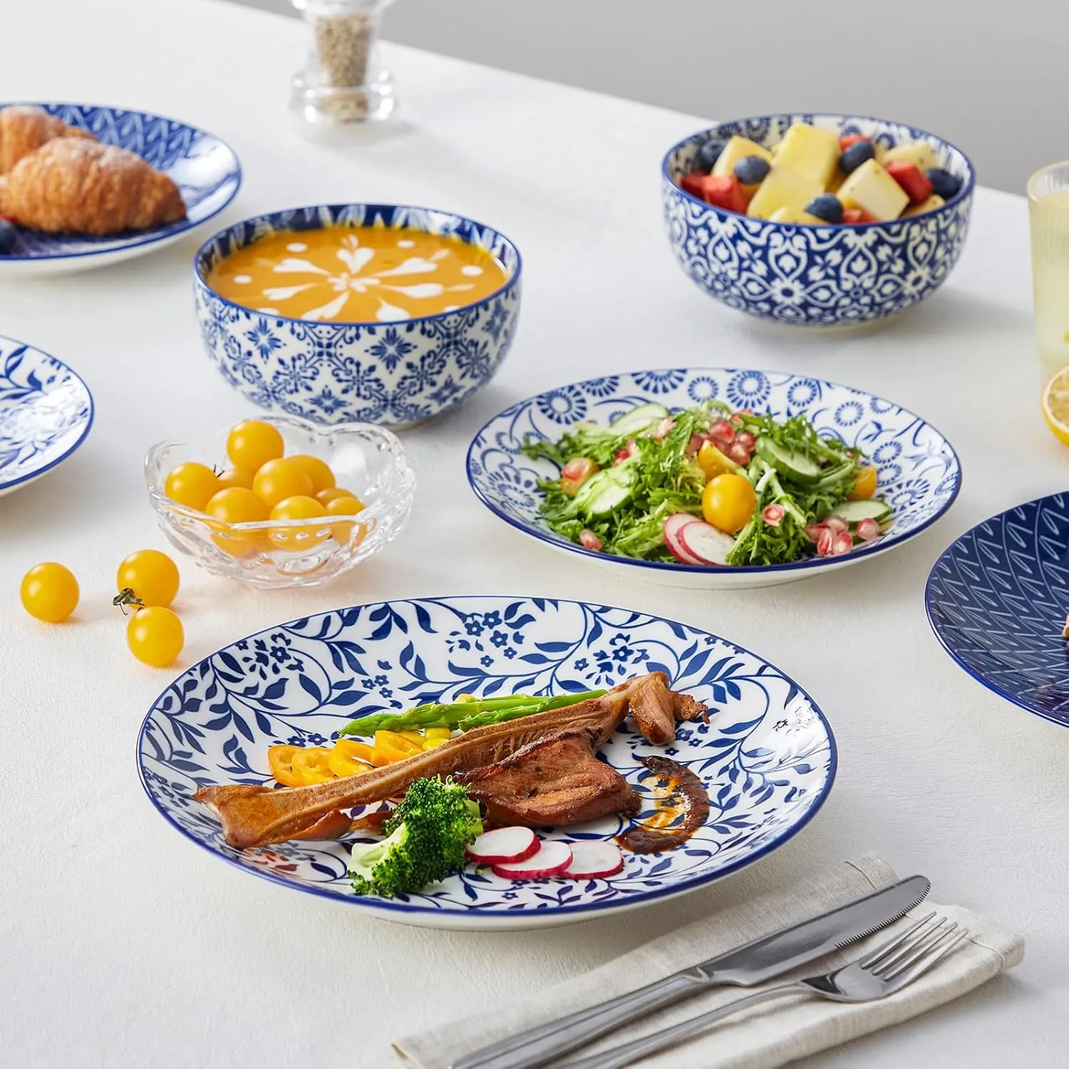 vancasso SELENE Plates and Bowls Set for 4, 12 Pieces Dinnerware Sets, Mircowave and Dishwasher Safe Dishes Set, Porcelain Blue Dinnerware