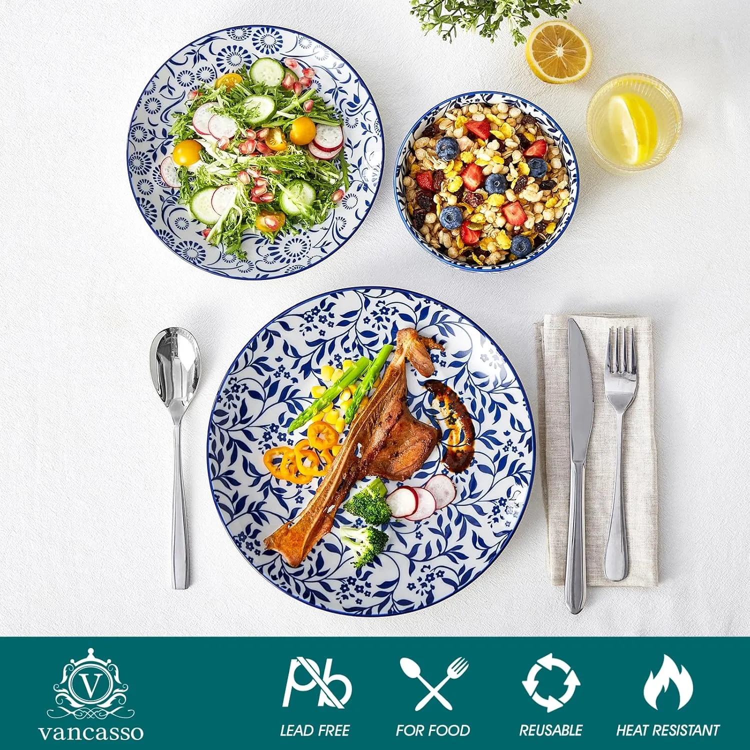 vancasso SELENE Plates and Bowls Set for 4, 12 Pieces Dinnerware Sets, Mircowave and Dishwasher Safe Dishes Set, Porcelain Blue Dinnerware