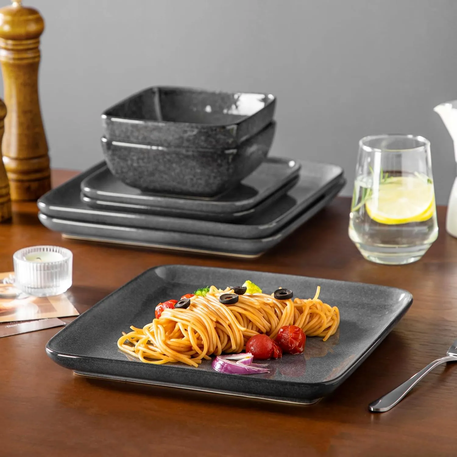 vancasso Stern Gray Dinner Set Square Reactive Glaze Tableware 12 Pieces Kitchen Dinnerware Stoneware Crockery Set with Dinner Plate, Dessert Plate, Bowl Service for 4