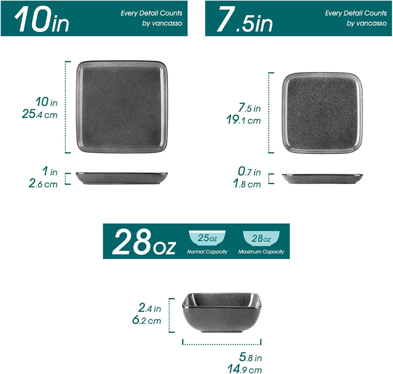 vancasso Stern Gray Dinner Set Square Reactive Glaze Tableware 12 Pieces Kitchen Dinnerware Stoneware Crockery Set with Dinner Plate, Dessert Plate, Bowl Service for 4