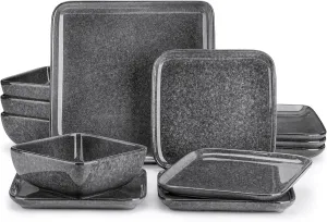 vancasso Stern Gray Dinner Set Square Reactive Glaze Tableware 12 Pieces Kitchen Dinnerware Stoneware Crockery Set with Dinner Plate, Dessert Plate, Bowl Service for 4