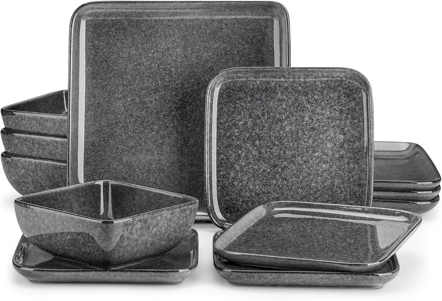 vancasso Stern Gray Dinner Set Square Reactive Glaze Tableware 12 Pieces Kitchen Dinnerware Stoneware Crockery Set with Dinner Plate, Dessert Plate, Bowl Service for 4