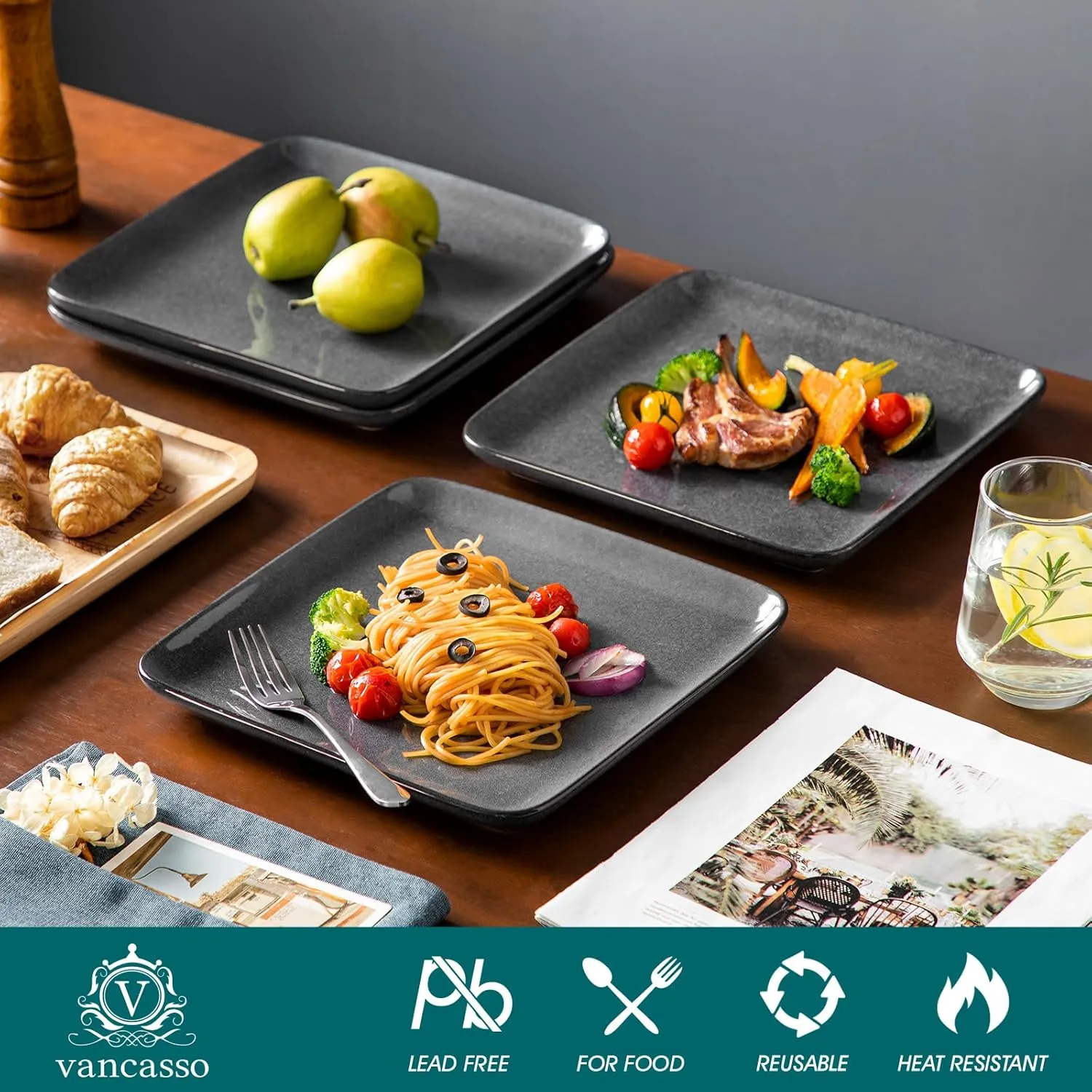 vancasso Stern Gray Dinner Set Square Reactive Glaze Tableware 12 Pieces Kitchen Dinnerware Stoneware Crockery Set with Dinner Plate, Dessert Plate, Bowl Service for 4