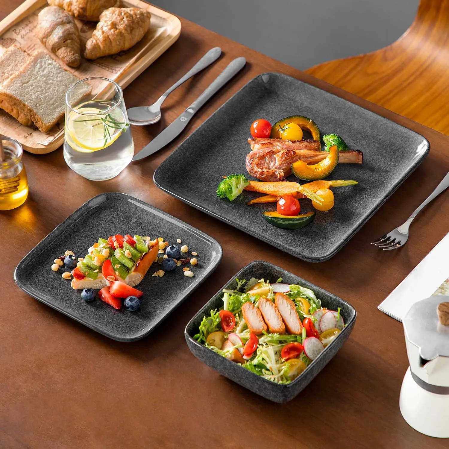 vancasso Stern Gray Dinner Set Square Reactive Glaze Tableware 12 Pieces Kitchen Dinnerware Stoneware Crockery Set with Dinner Plate, Dessert Plate, Bowl Service for 4
