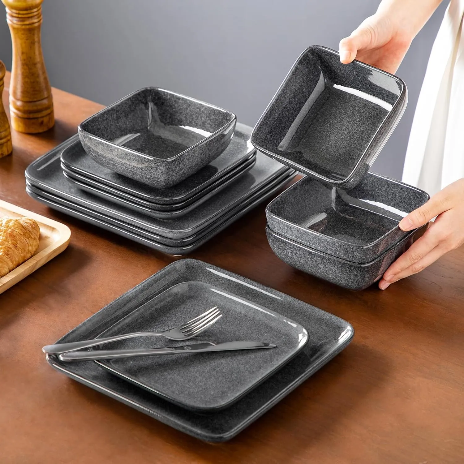 vancasso Stern Gray Dinner Set Square Reactive Glaze Tableware 12 Pieces Kitchen Dinnerware Stoneware Crockery Set with Dinner Plate, Dessert Plate, Bowl Service for 4