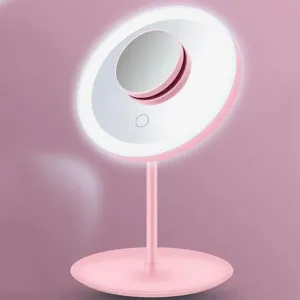 Vanity Mirror,Travel Mirror with Lights and 5X Magnification,Rechargeable LED Makeup Mirror,3 Color Lights Dimmable,Compact Light Up Mirror for Girls and Women,Pink