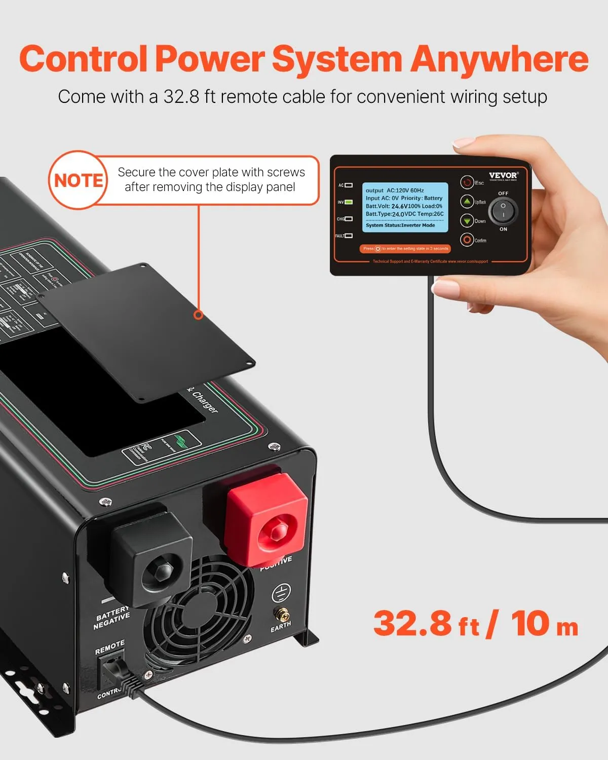 VEVOR Pure Sine Wave Inverter Charger, 2000 Watt, DC 12V to AC 120V, Battery Charger with LCD Display, Remote Control, Solar Inverter for Off-Grid Solar RV Boat Home, Compatible with Various Batteries