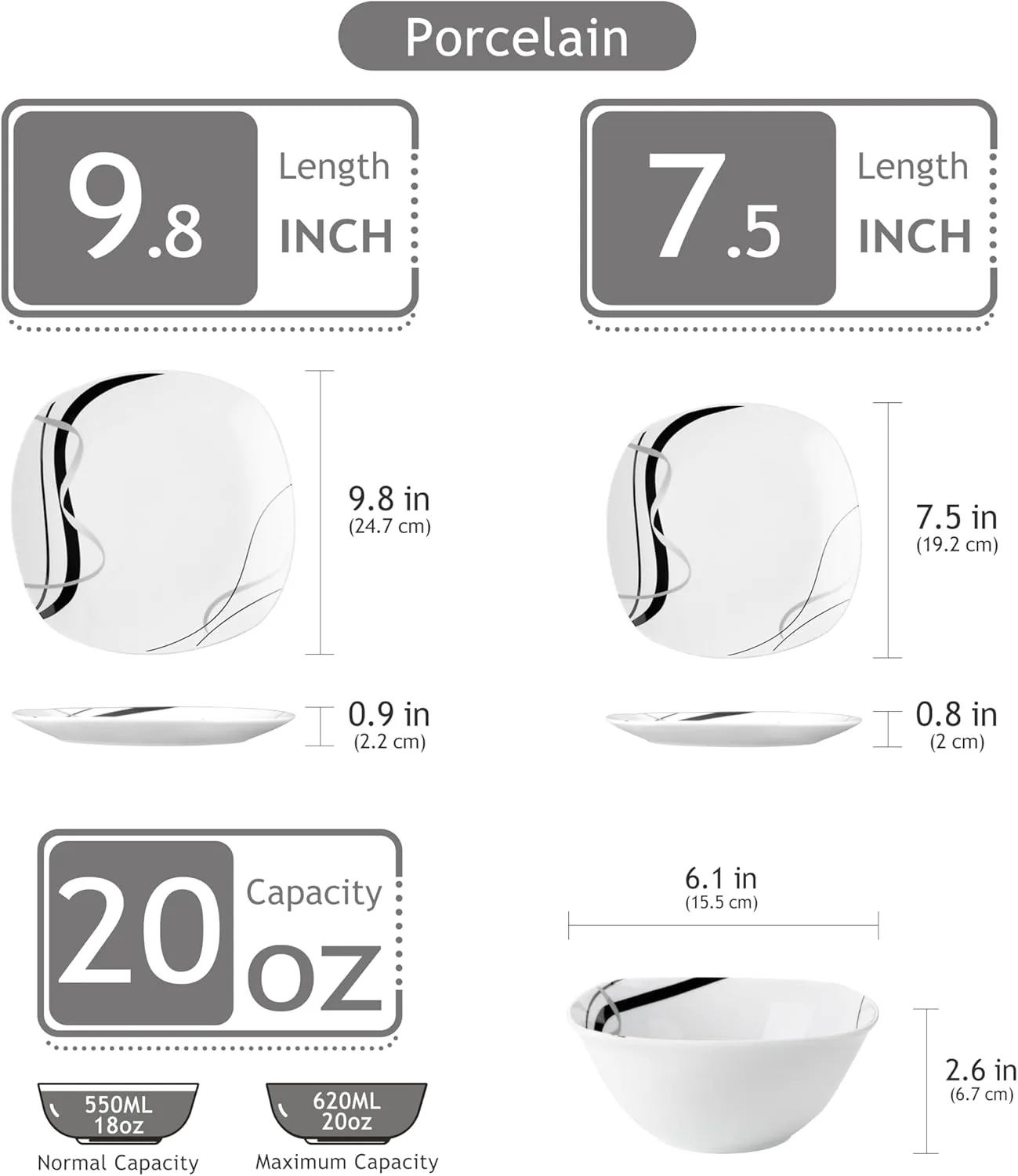 VEWEET Porcelain Dinnerware Set, 12 PCS Including Dinner Plates, Dessert Plates and Cereal Bowls, Series Fiona