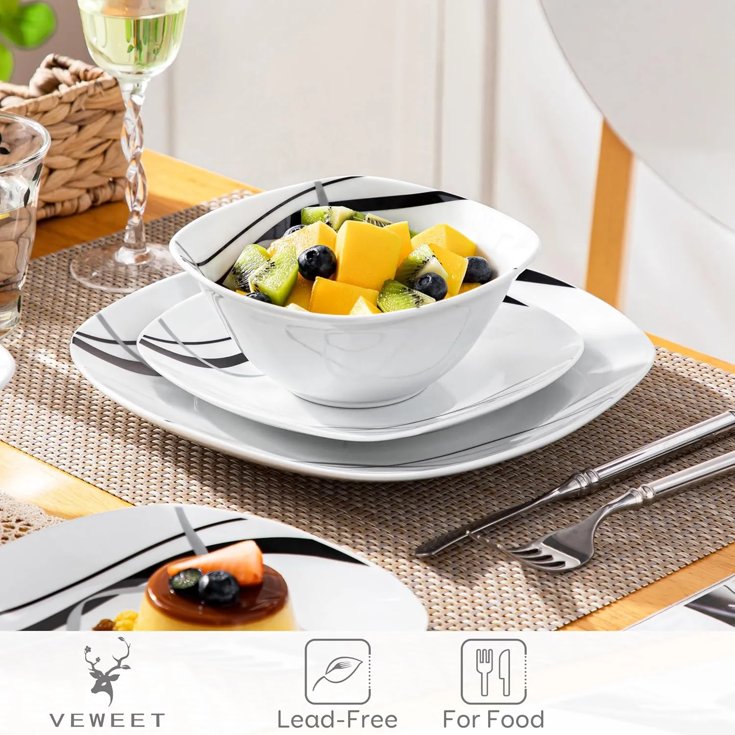VEWEET Porcelain Dinnerware Set, 12 PCS Including Dinner Plates, Dessert Plates and Cereal Bowls, Series Fiona