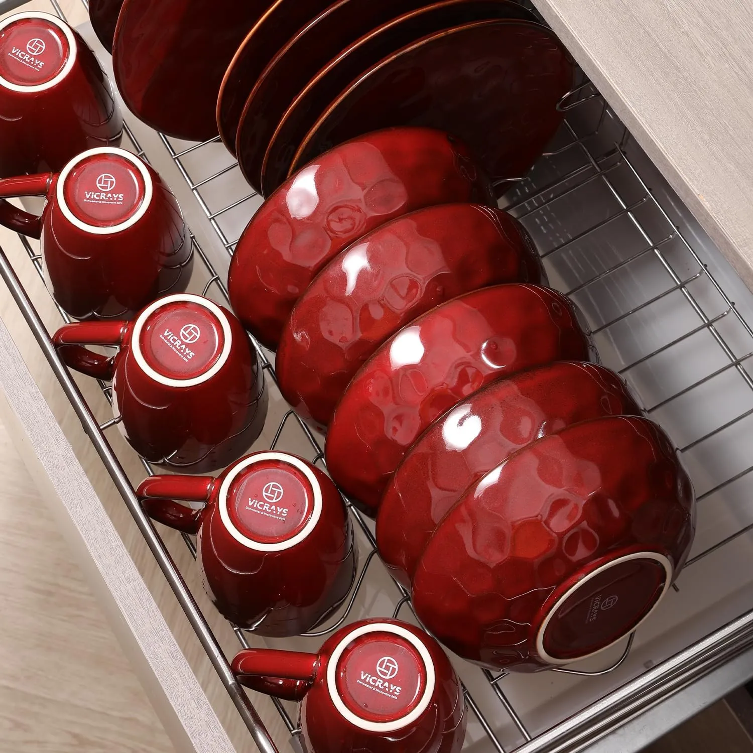 vicrays Ceramic Salad Bowls Set for Kitchen, Serving - 32 Ounce Soup Bowls, Pasta Bowls, Chip Resistant, Dishwasher Microwave Safe, Large, Fluted, Stoneware, Set of 6 (Cherry Red)