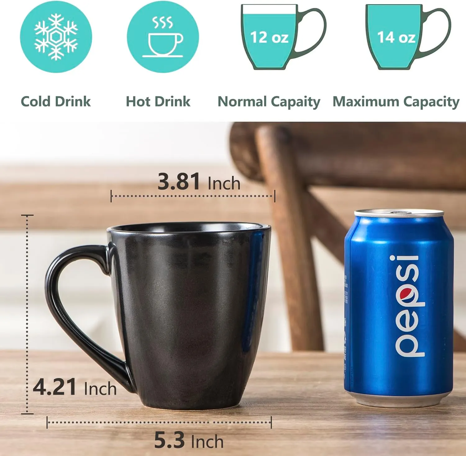 vicrays Coffee Mug Set, 12 Ounce, Ceramic Mug for Men, Women, Unique Glazed Mugs with Handle for Coffee, Tea, Milk, Cocoa, Cereal - Set of 6 Black