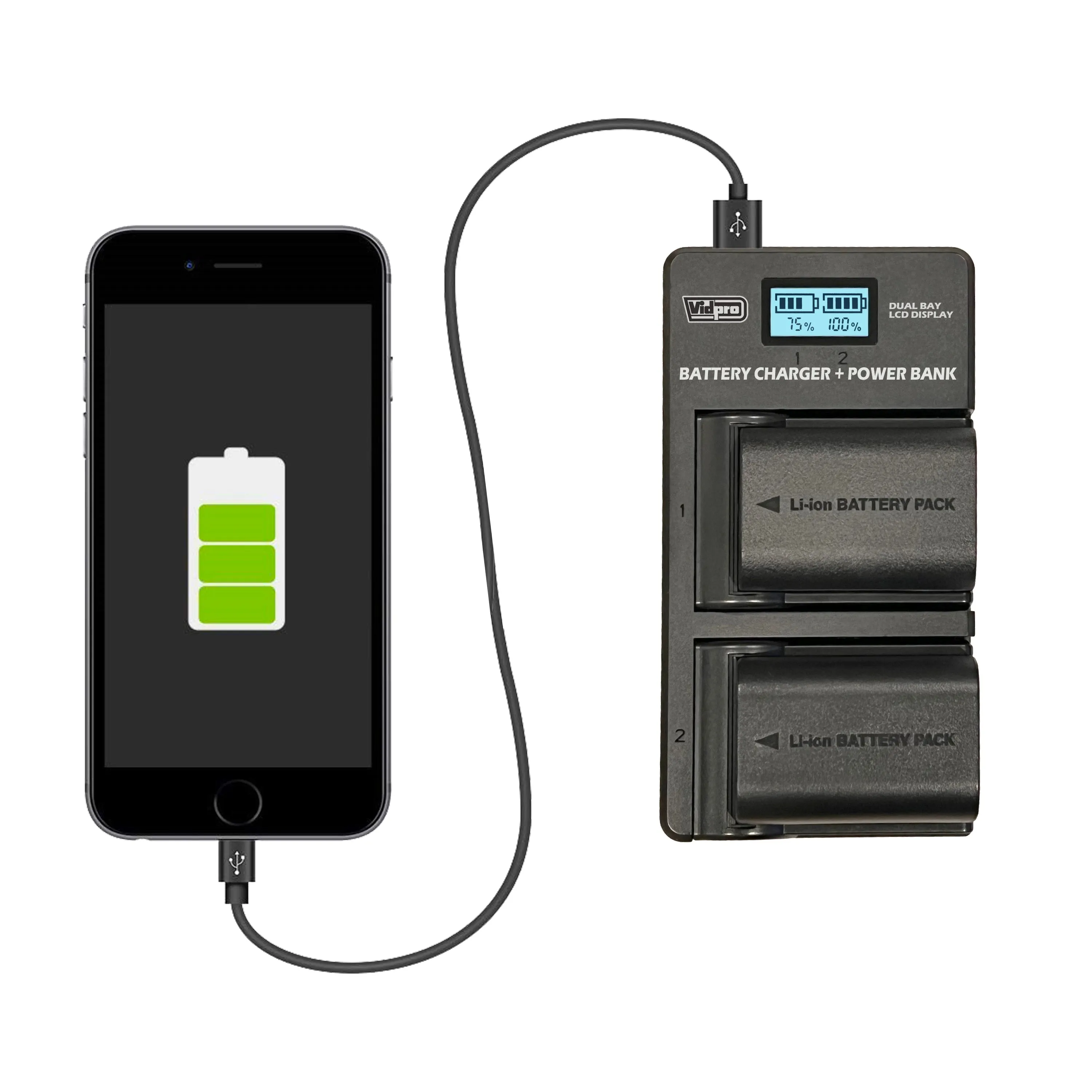 Vidpro VDL Dual-Bay LCD Display Charger   Power Bank F/7.2V & 7.4V Camera Batteries