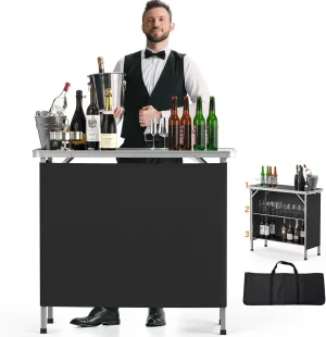 VINGLI Portable Bar Table, 3-Tier Shelves, Mobile Bar Table for Events, Party, Camping, Picnic, Tradeshow, Indoor with Black Skirt, 39 "L x 34" H