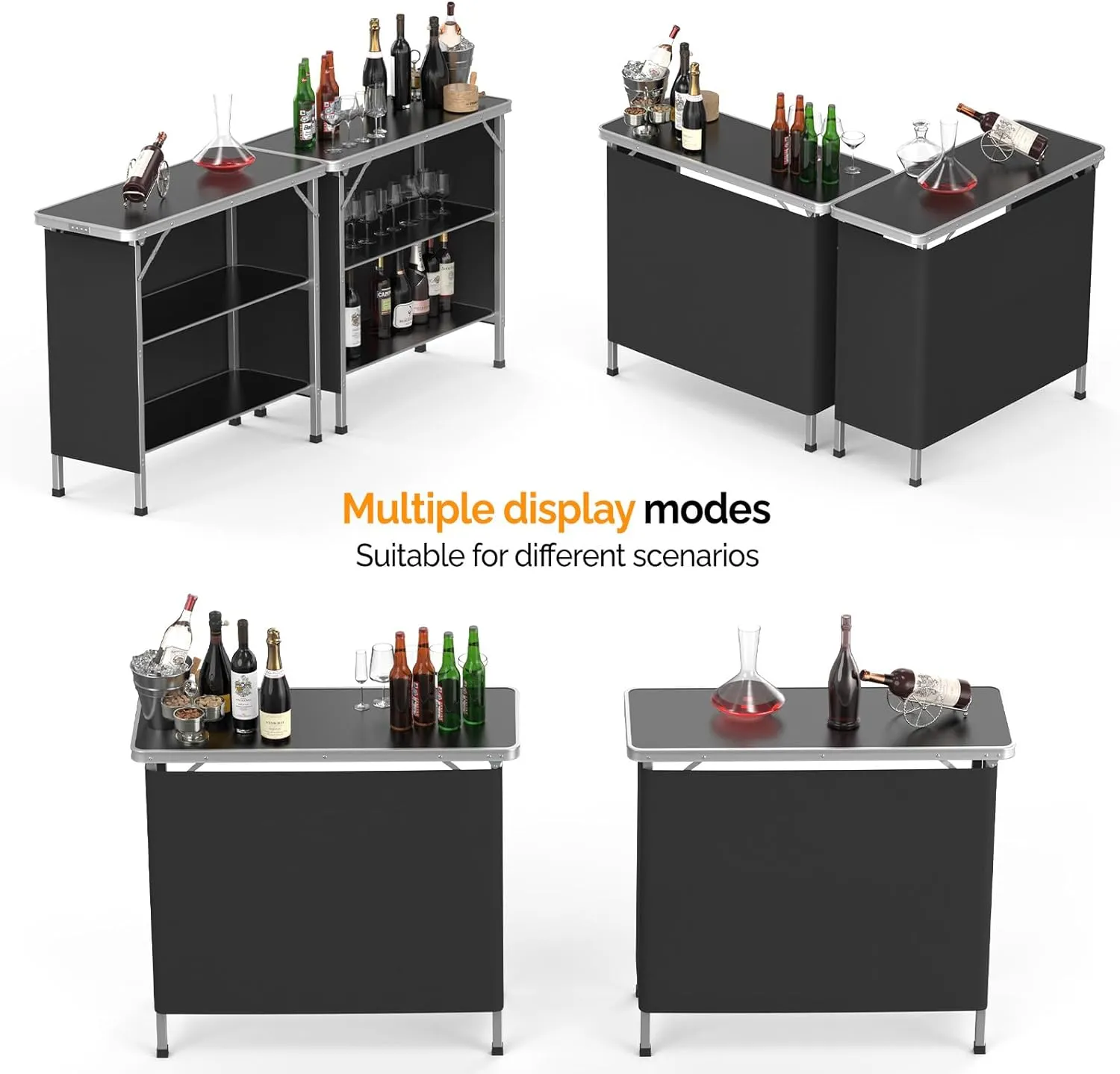 VINGLI Portable Bar Table, 3-Tier Shelves, Mobile Bar Table for Events, Party, Camping, Picnic, Tradeshow, Indoor with Black Skirt, 39 "L x 34" H