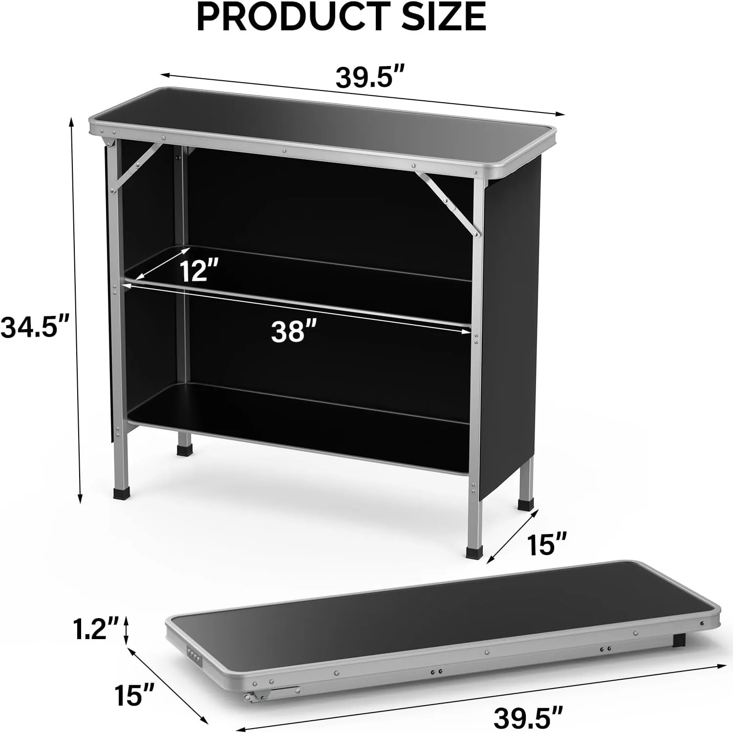 VINGLI Portable Bar Table, 3-Tier Shelves, Mobile Bar Table for Events, Party, Camping, Picnic, Tradeshow, Indoor with Black Skirt, 39 "L x 34" H