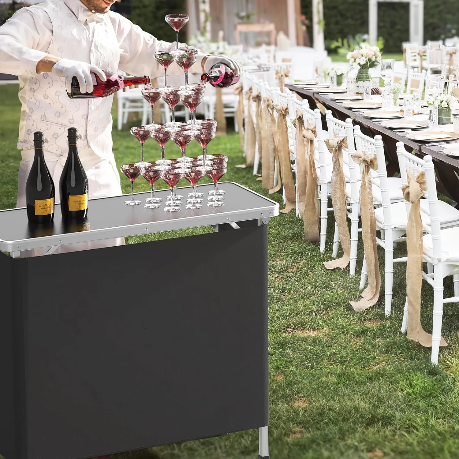 VINGLI Portable Bar Table, 3-Tier Shelves, Mobile Bar Table for Events, Party, Camping, Picnic, Tradeshow, Indoor with Black Skirt, 39 "L x 34" H