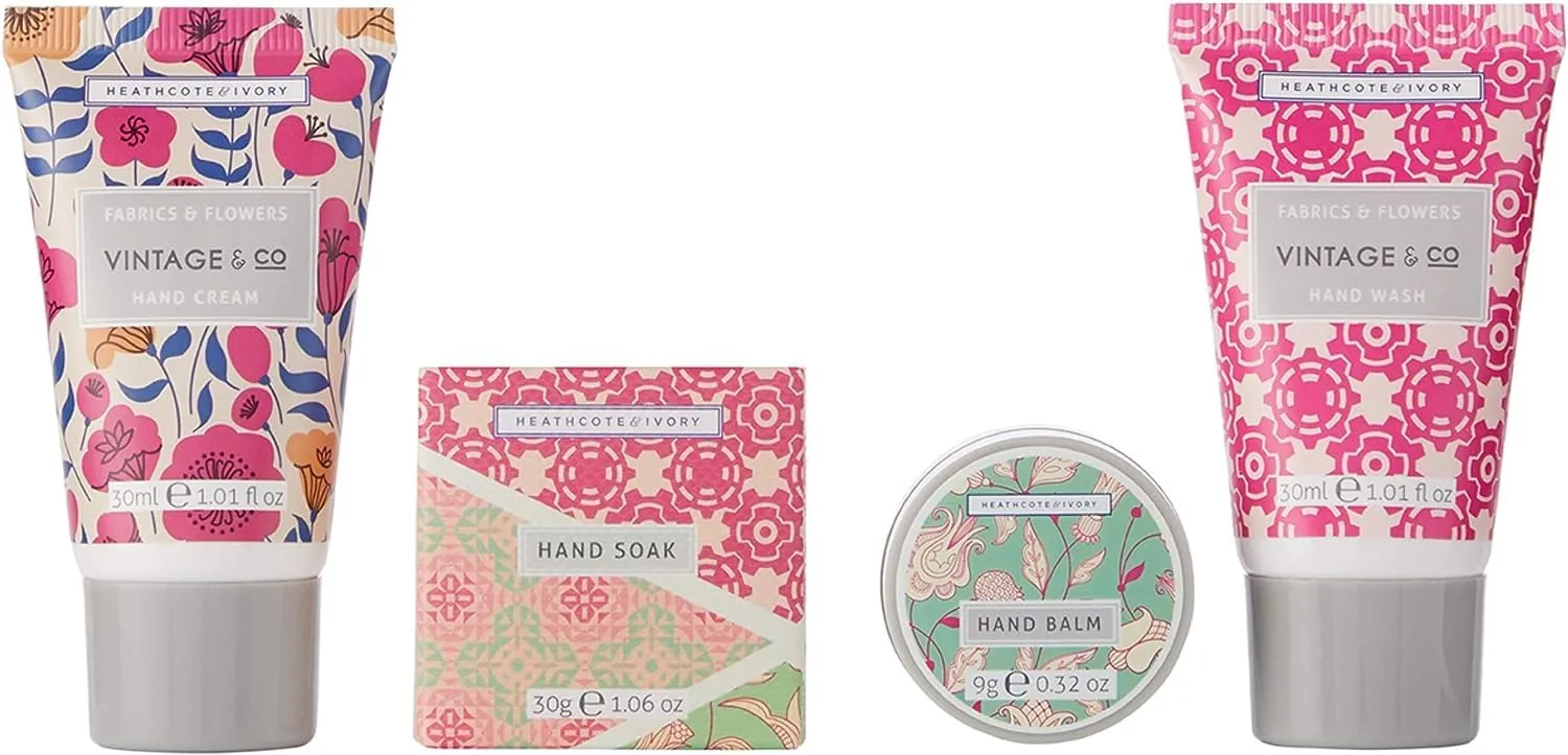 Vintage & Co Fabric & Flowers Hand Care Gift Set | 30ml Hand Cream, 30ml Hand Wash, 30g Hand Soak & 9g Hand Balm | Vegan Friendly | Travel Friendly Sizes