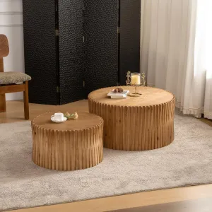 Vintage Nesting Coffee Table Set of 2 – Textured Embossed Design Cylinder Tables for Living Room, Office, Dining – Natural Finish, Space-Saving