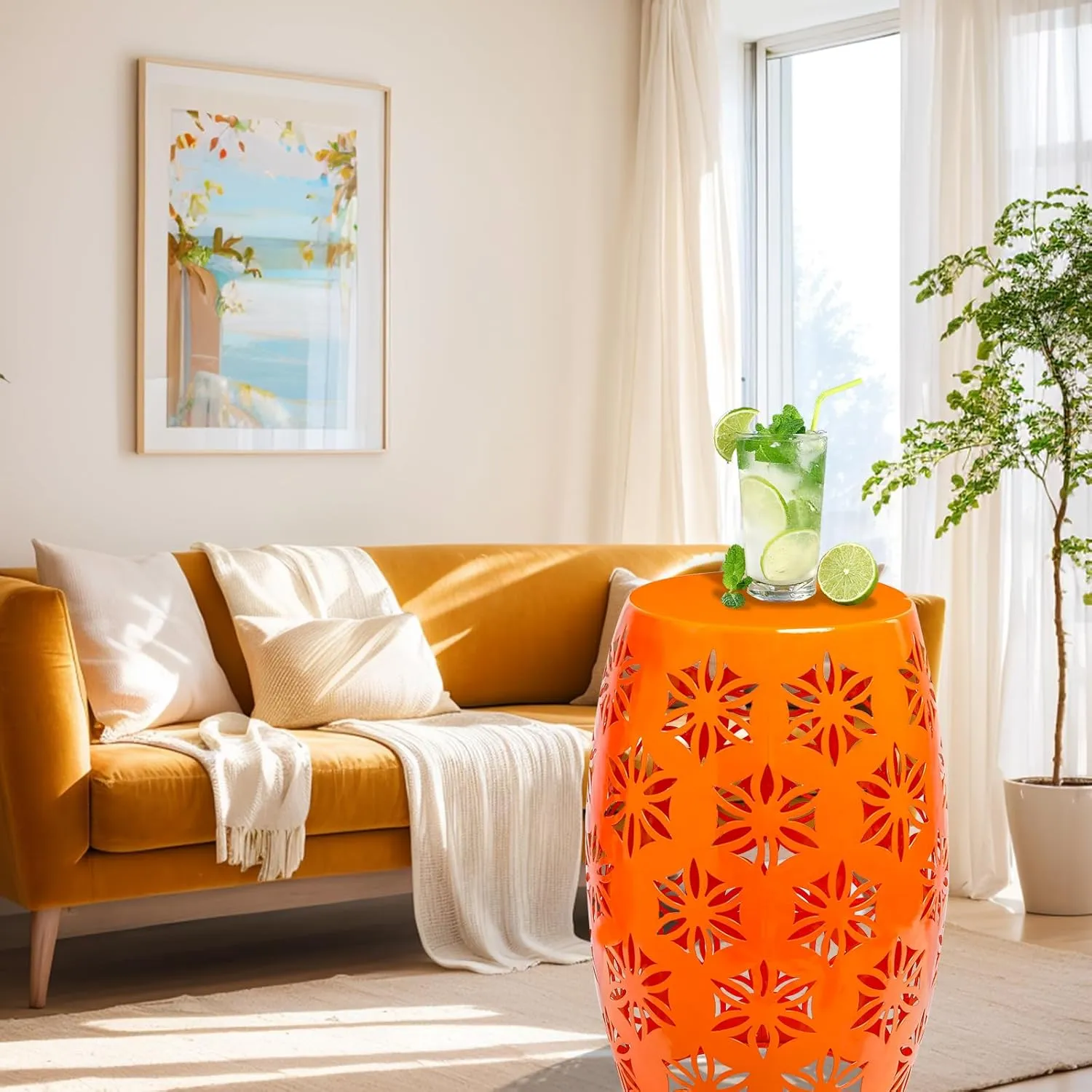 Vipush Outdoor Lace Cut Iron Side Table, Patio Garden Stool Coffee End Table Nightstand for Small Spaces, Living Room, Front Porch, Poolside, Orange