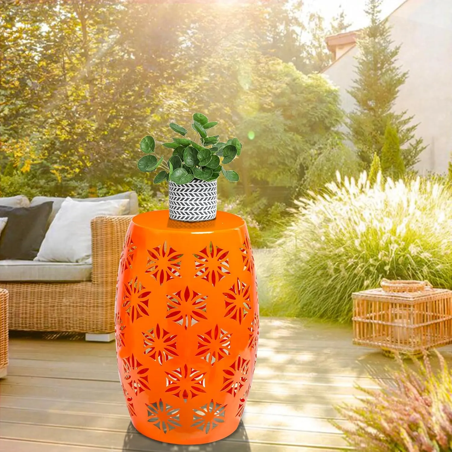 Vipush Outdoor Lace Cut Iron Side Table, Patio Garden Stool Coffee End Table Nightstand for Small Spaces, Living Room, Front Porch, Poolside, Orange