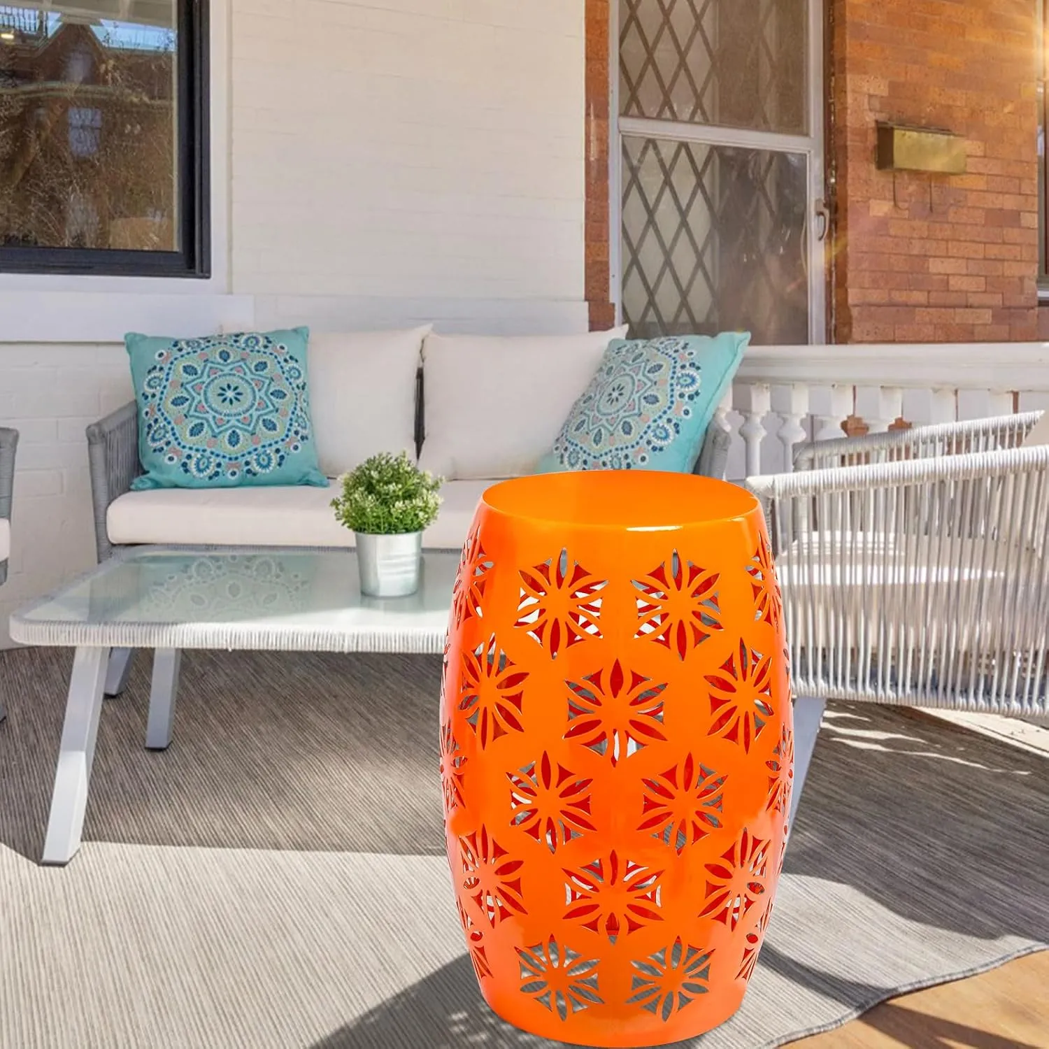 Vipush Outdoor Lace Cut Iron Side Table, Patio Garden Stool Coffee End Table Nightstand for Small Spaces, Living Room, Front Porch, Poolside, Orange
