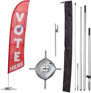 Vispronet Premium Vote Here Feather Flag Kit – 13ft Vote Flag, Sectional Aviation-Grade Fiberglass Poles, Ground Spike, Cross Base & Weight Bag, Pole Sleeve Bag, Election Decorations, Printed in USA