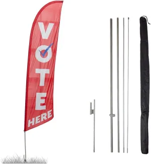 Vispronet Vote Here Feather Flag Kit – 13.5ft Vote Flag with Pole Set, Ground Stake, Pole Sleeve Bag, Outdoor Election Decorations, Weather-Resistant Knitted Polyester, Printed in the USA