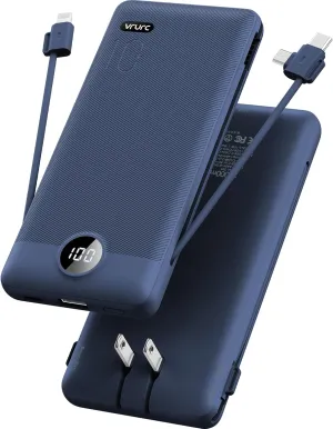 VRURC Portable Charger Built-in Cables and AC Wall Plug, USB C Power Bank 10000mAh, Travel Battery Portable Phone Charger Compact Lightweight External Battery Pack for Smart Phones, Tablets etc-Navy