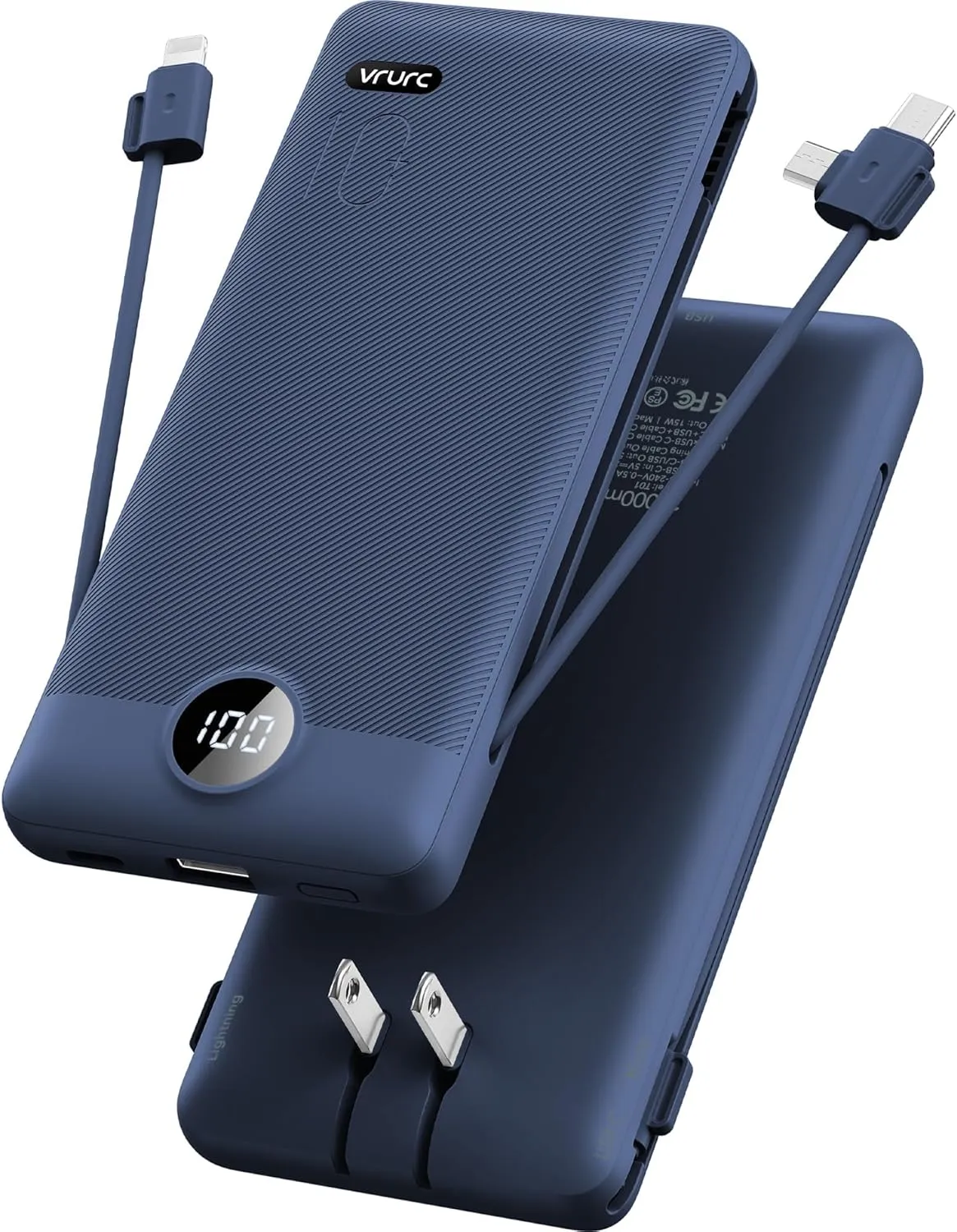 VRURC Portable Charger Built-in Cables and AC Wall Plug, USB C Power Bank 10000mAh, Travel Battery Portable Phone Charger Compact Lightweight External Battery Pack for Smart Phones, Tablets etc-Navy