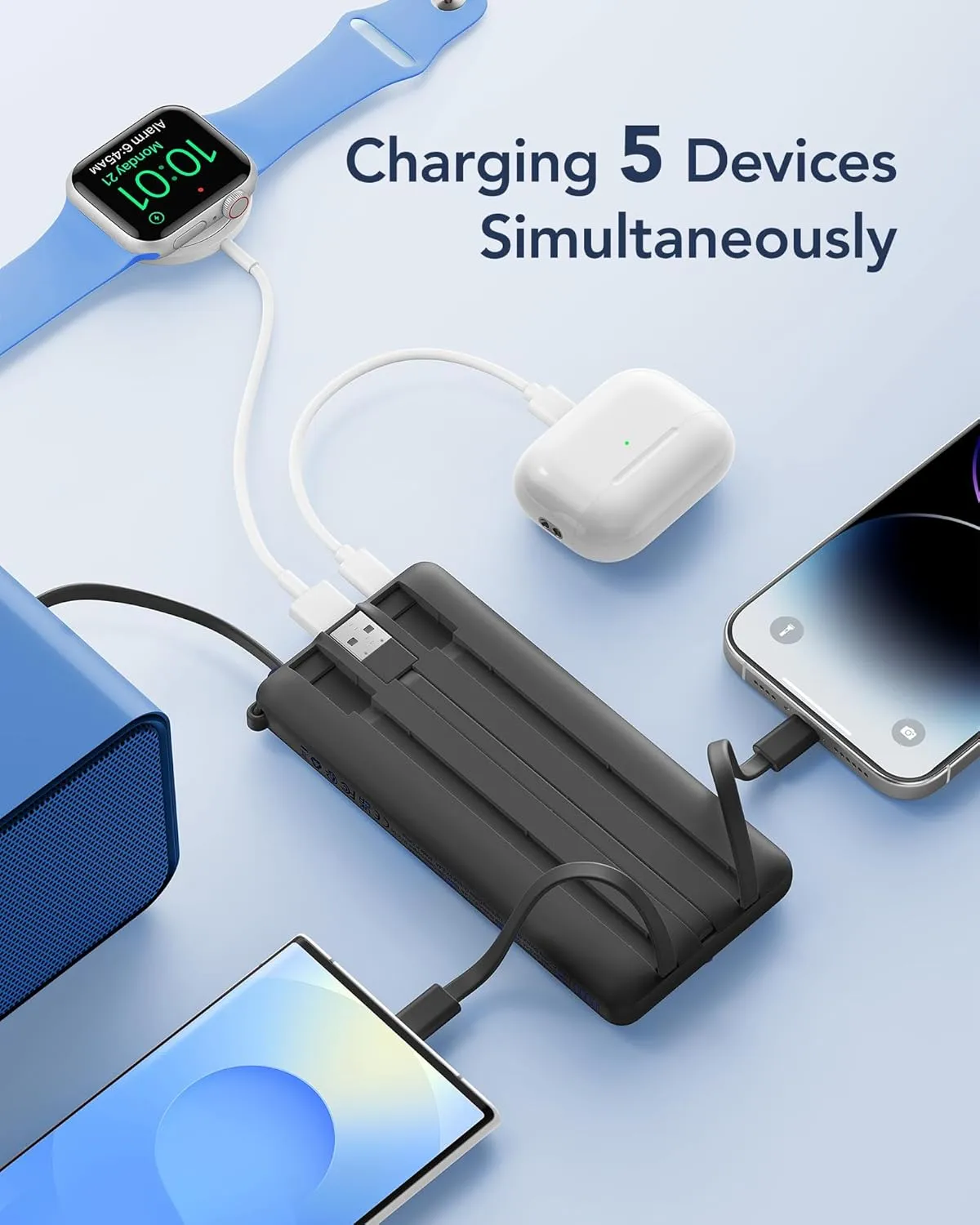 VRURC Portable Charger with Built in Cables, 10000mAh Travel Essentials Power Bank, 5 Output 2 Input LED Display External Battery Pack Compatible with iPhone,Samsung,Android-Black(1 Pack)