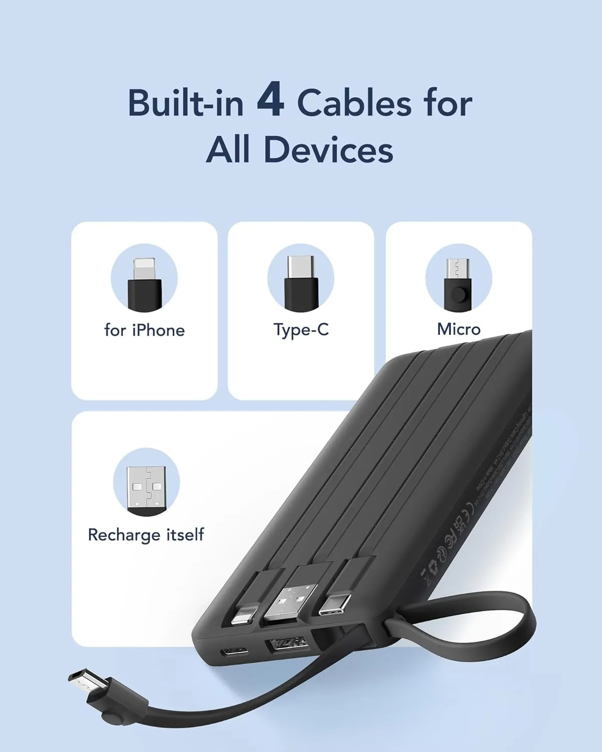 VRURC Portable Charger with Built in Cables, 10000mAh Travel Essentials Power Bank, 5 Output 2 Input LED Display External Battery Pack Compatible with iPhone,Samsung,Android-Black(1 Pack)