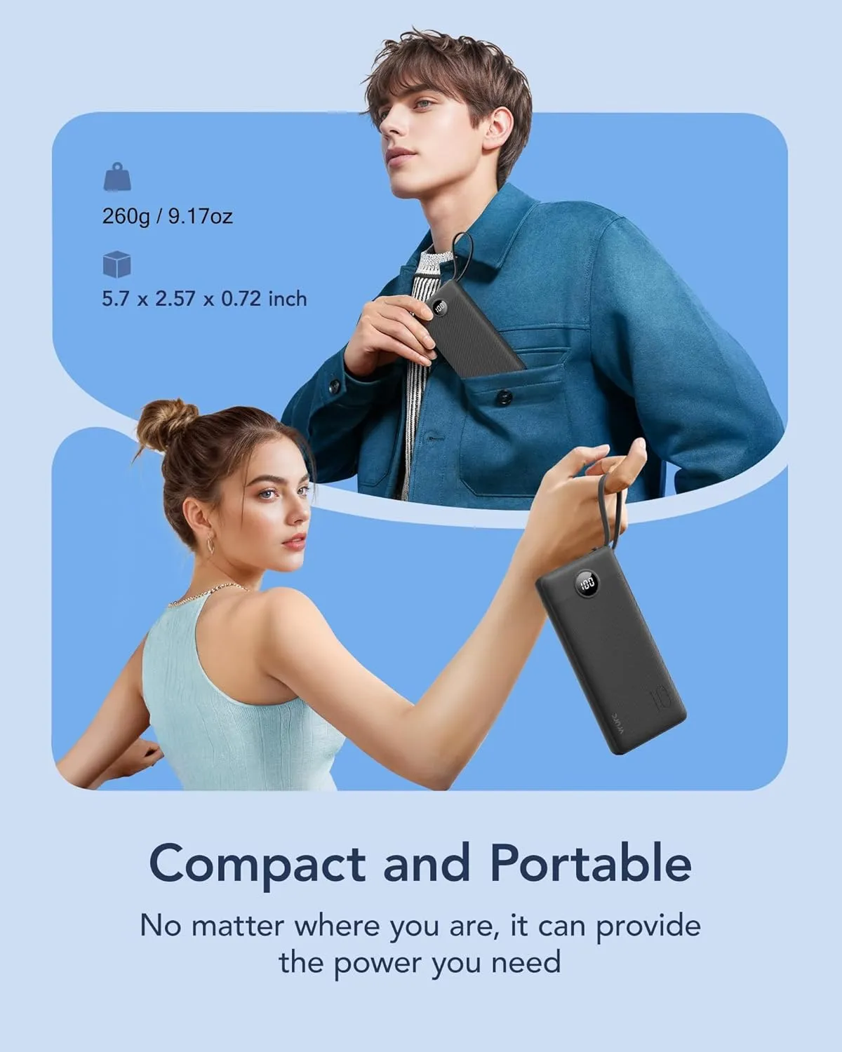 VRURC Portable Charger with Built in Cables, 10000mAh Travel Essentials Power Bank, 5 Output 2 Input LED Display External Battery Pack Compatible with iPhone,Samsung,Android-Black(1 Pack)