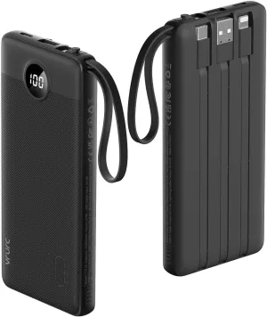 VRURC Portable Charger with Built in Cables, 10000mAh Travel Essentials Power Bank, 5 Output 2 Input LED Display External Battery Pack Compatible with iPhone,Samsung,Android-Black(1 Pack)