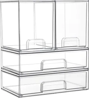 Vtopmart Stackable Storage Drawers Set of 4,Clear Plastic Organizer Bins for Makeup, Cosmetics, Beauty Supplies,Ideal for Vanity, Bathroom,Cabinet,Pantry Organization