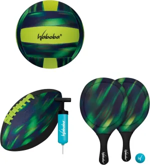 Waboba Sport Beach Pack – Includes 9 Inch Water Football, Beach Volleyball & Paddle Set – Perfect Summer Essential Bundle for Beach Games – Vacation Toys for Kids & Adults Ages 8 & Up – Green
