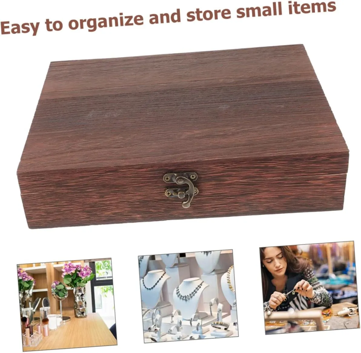 Wakauto Wooden Storage Box Set 2pcs Lidded Craft Organizer Hinged Lid Keepsake Organizer Box for Jewelry Eyeglasses Watches