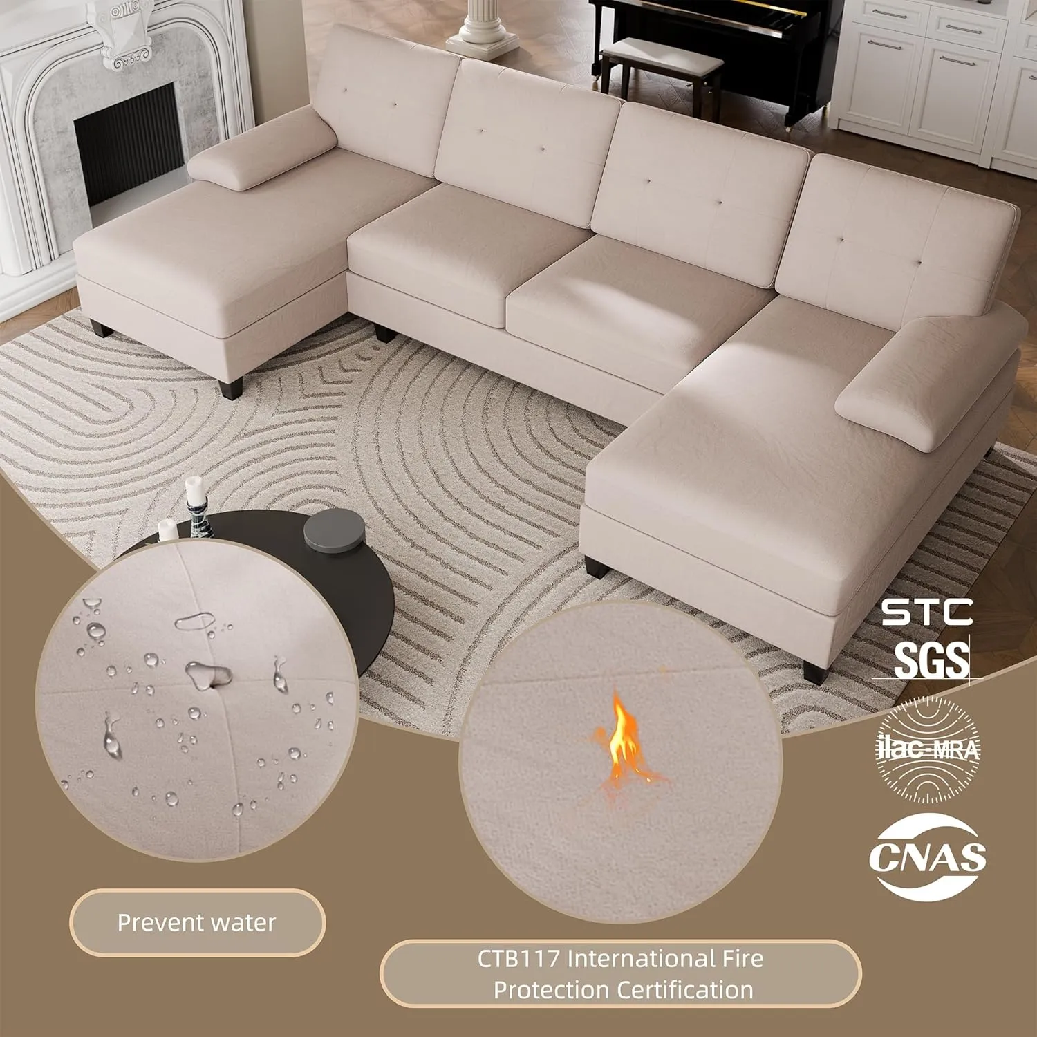 Walsunny Sectional Couches for Living Room, Convertible U-Shaped Sofa Couch with Double Chaise, 4 Seat Sofa Set Modular Sectional Sofa for Living Room, Apartment, Bedroom, Dark Kahki