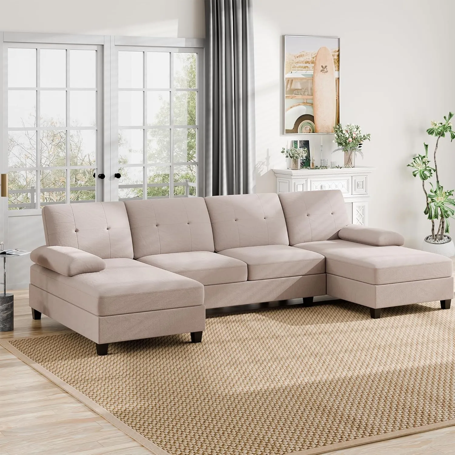 Walsunny Sectional Couches for Living Room, Convertible U-Shaped Sofa Couch with Double Chaise, 4 Seat Sofa Set Modular Sectional Sofa for Living Room, Apartment, Bedroom, Dark Kahki