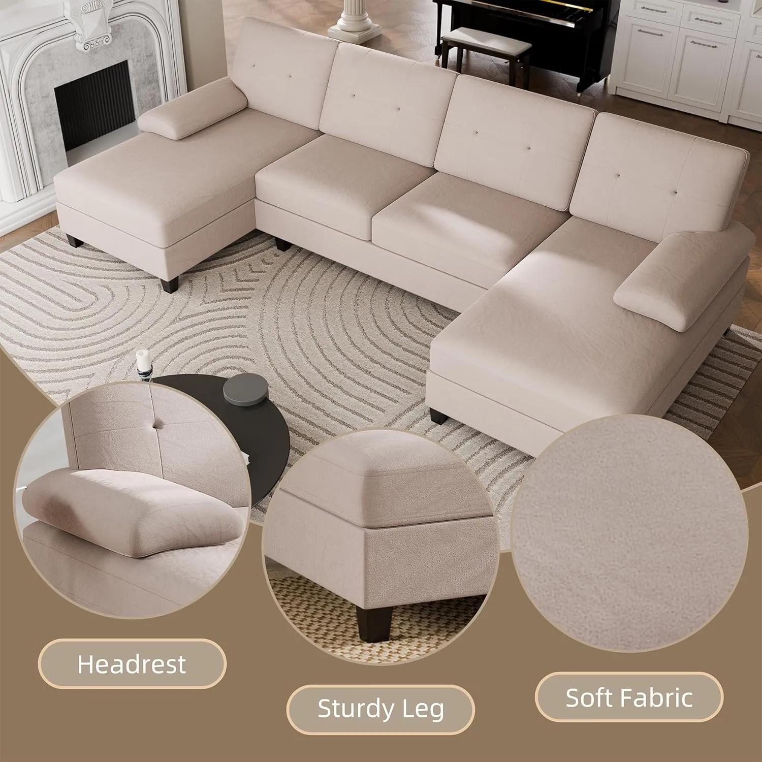 Walsunny Sectional Couches for Living Room, Convertible U-Shaped Sofa Couch with Double Chaise, 4 Seat Sofa Set Modular Sectional Sofa for Living Room, Apartment, Bedroom, Dark Kahki