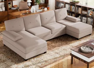 Walsunny Sectional Couches for Living Room, Convertible U-Shaped Sofa Couch with Double Chaise, 4 Seat Sofa Set Modular Sectional Sofa for Living Room, Apartment, Bedroom, Dark Kahki