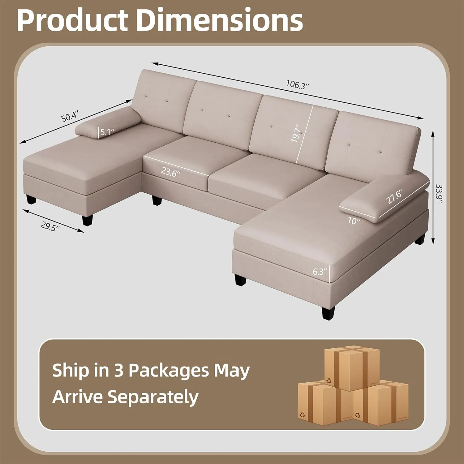 Walsunny Sectional Couches for Living Room, Convertible U-Shaped Sofa Couch with Double Chaise, 4 Seat Sofa Set Modular Sectional Sofa for Living Room, Apartment, Bedroom, Dark Kahki