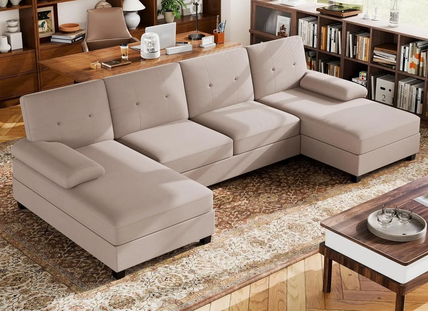 Walsunny Sectional Couches for Living Room, Convertible U-Shaped Sofa Couch with Double Chaise, 4 Seat Sofa Set Modular Sectional Sofa for Living Room, Apartment, Bedroom, Dark Kahki